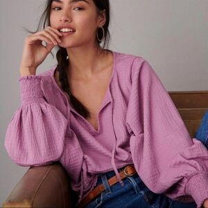 ANTHROPOLOGIE “Rebecca” Purple Smocked Peasant Blouse - Size XL